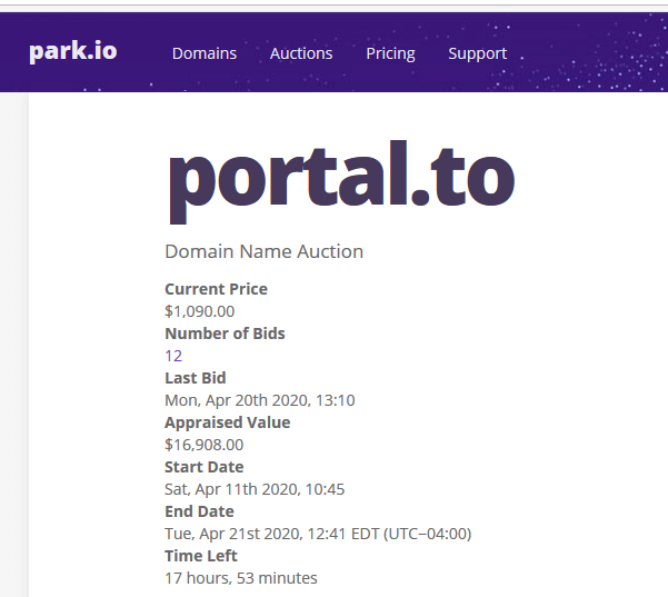 Expired domain name Portal.to just broke the $1,000 mark in auction