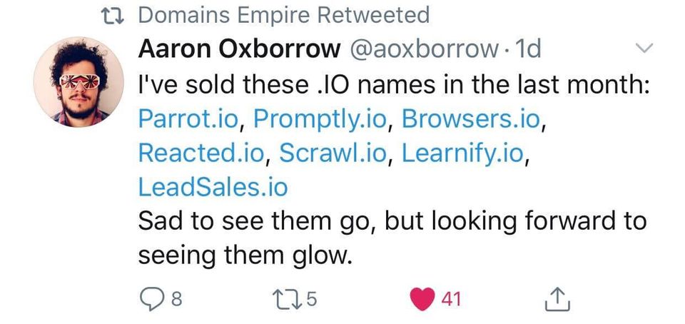 Aaron Oxborrow sold Parrot.io, Promptly.io, and five more .IO domains in the last month