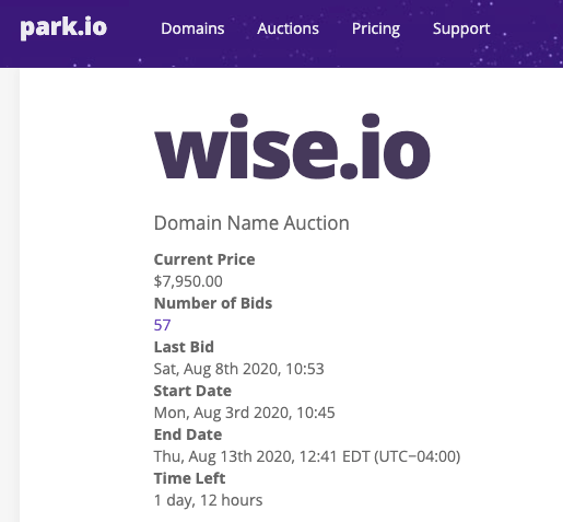 Will Wise.io sell for more than $10,000 on Park.io?